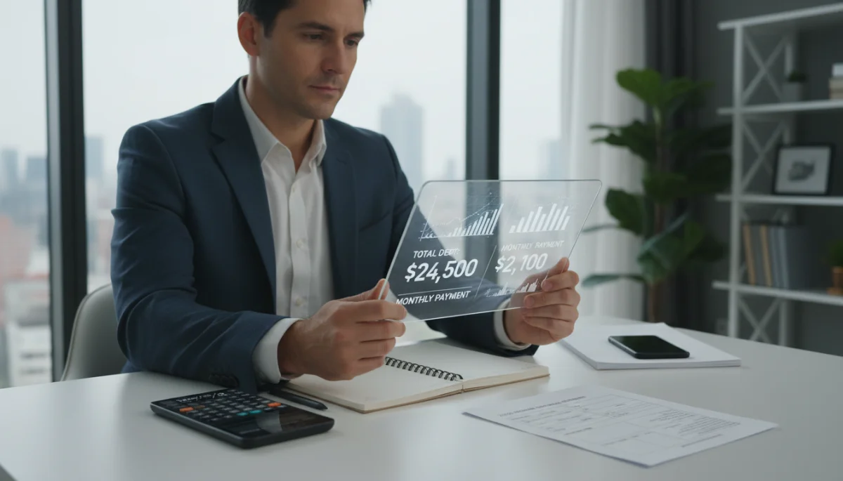 Person analyzing credit card statement and debt figures