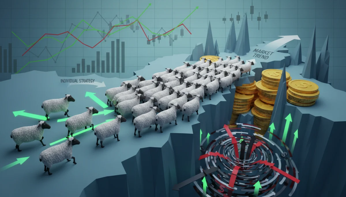 Illustration of the herding bias in finance, with sheep following the crowd towards a cliff.