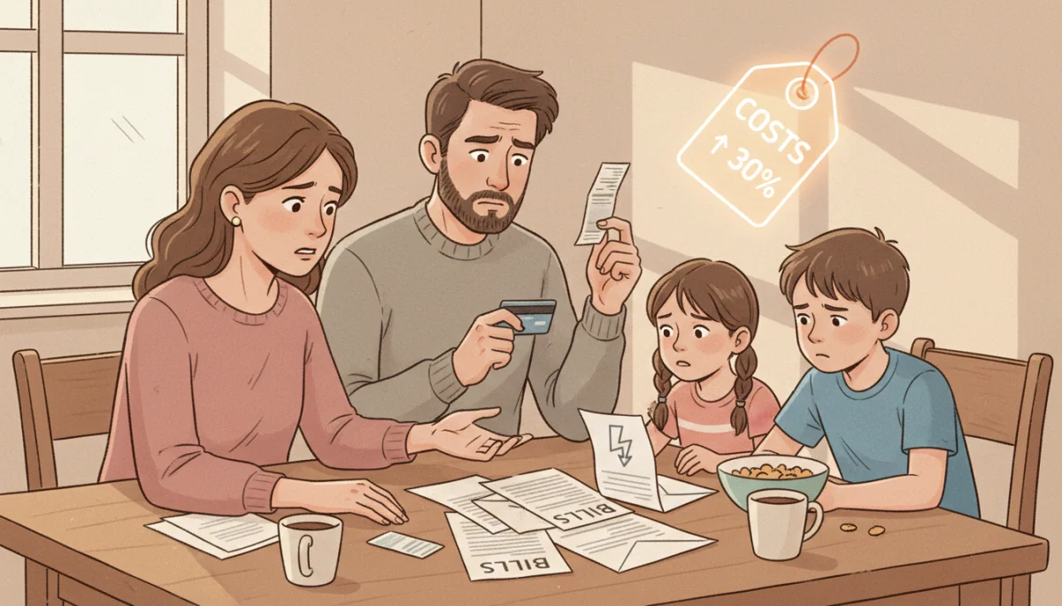 Family reviewing bills, concerned about rising costs and credit card statements.