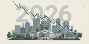 Economic graph showing a 2% GDP slowdown forecast for the US in 2026, with financial symbols.