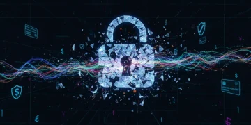 Illustration of a broken digital lock, representing a major credit card data breach and exposed financial data.