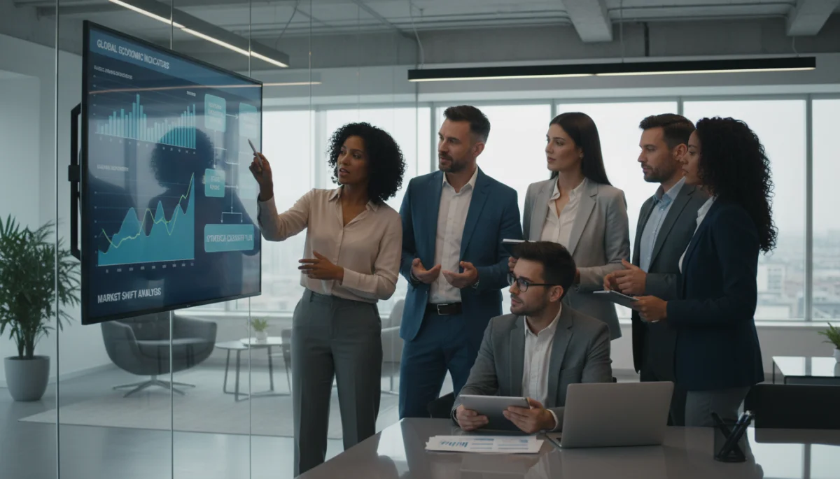 Business team planning strategies for economic slowdown in 2026.