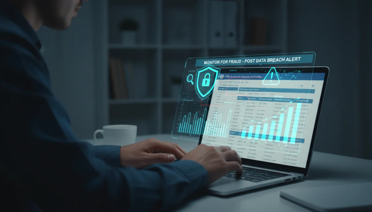 Person reviewing credit report on laptop after a data breach, focusing on financial security.