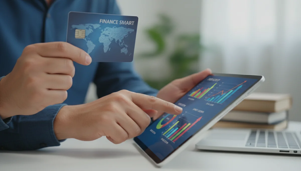 Person reviewing credit card statement and financial data on tablet