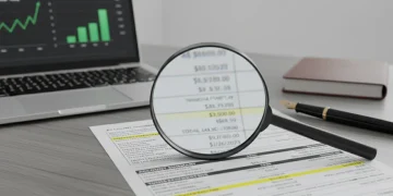 Detailed credit card statement with magnifying glass for monthly review