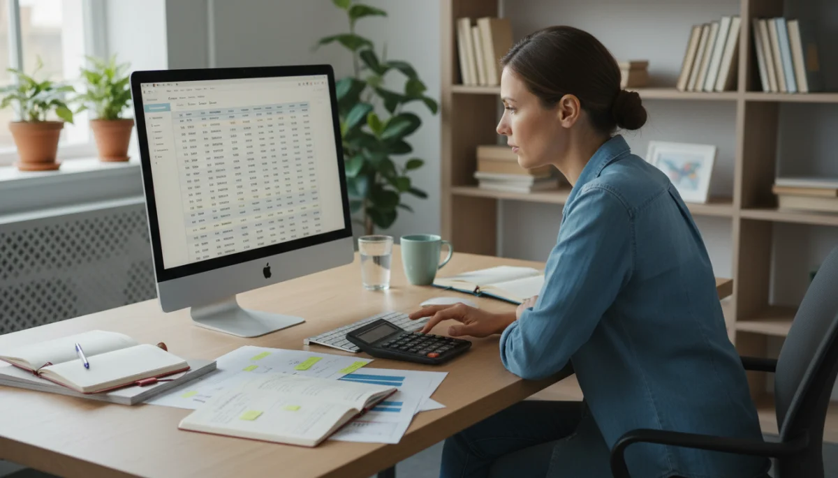 Person reviewing digital credit card statement with calculator and notes
