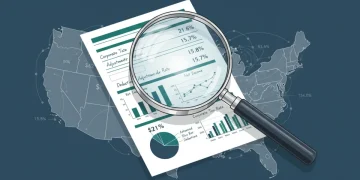 Magnifying glass over corporate tax documents, symbolizing 2026 US business tax adjustments and financial impact.