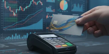 Credit card being used with financial graphs in background, representing economic impact.