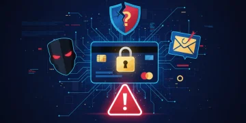 Credit card with lock and cyber threat symbols, representing increased fraud alerts.