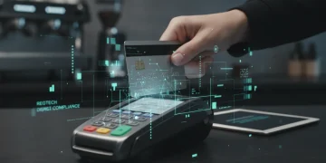 Credit card transaction with digital overlay representing new regulations