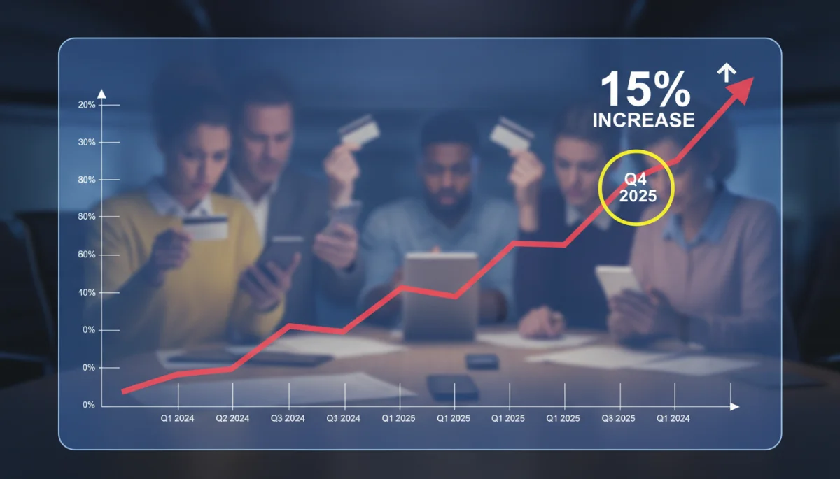 Graph showing a 15% increase in fraud alerts during Q4 2025, with consumer images.