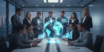 Professionals analyzing global economic projections for 2026, focusing on US market trends and investor challenges.