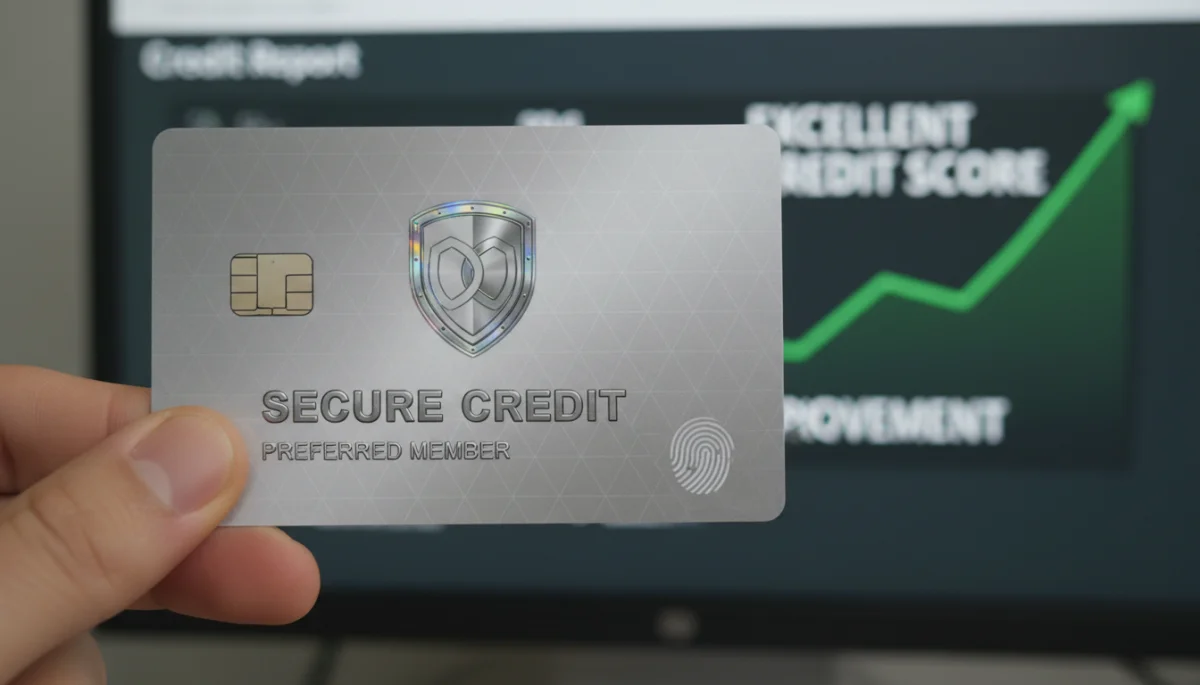 Close-up of a secured credit card with a rising credit score graph in the background